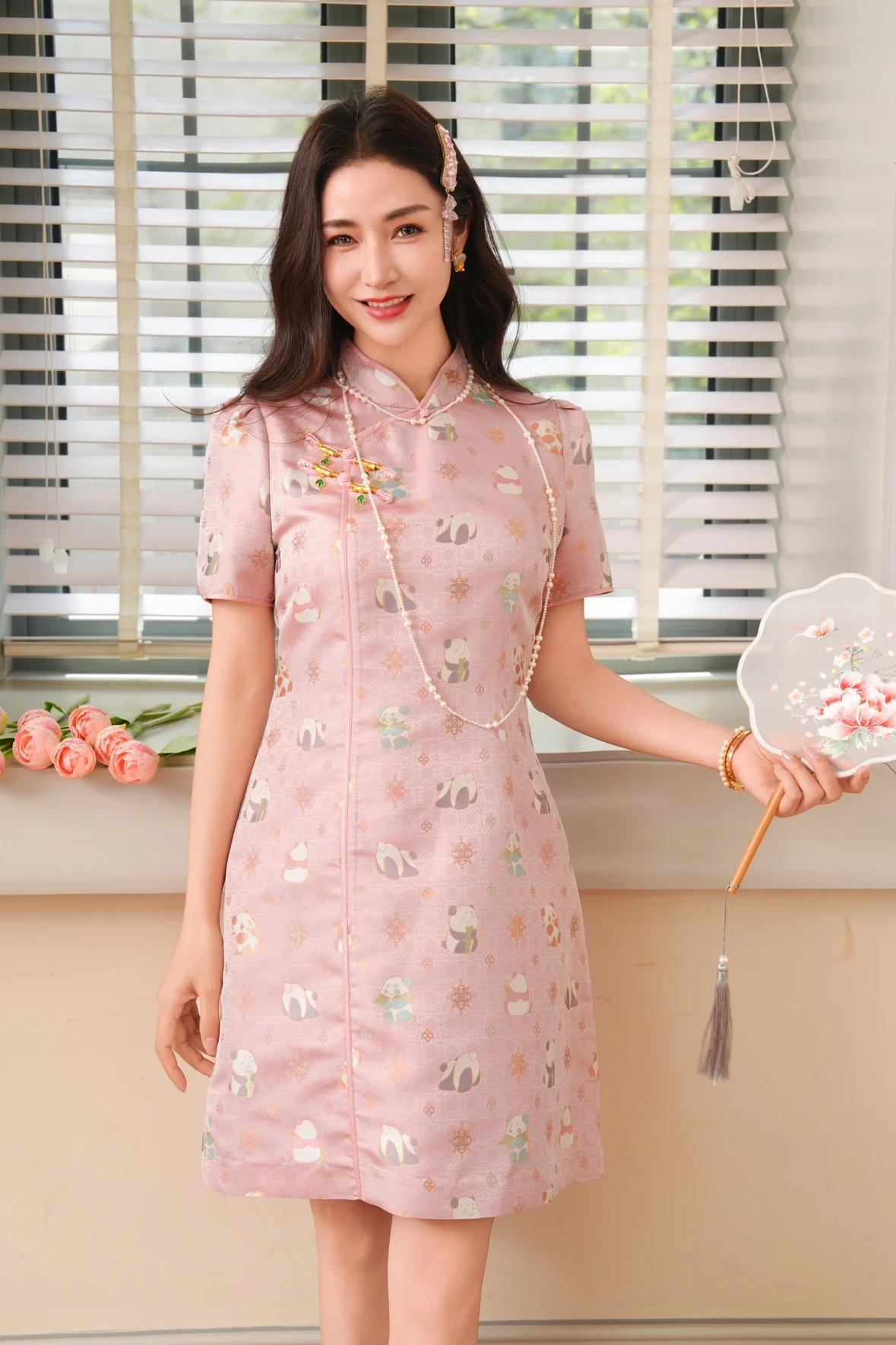

Faionable New Chinese Sle Reformed Dr Silk 00% Breathable ort Sve Daily Wear Floral Patterned