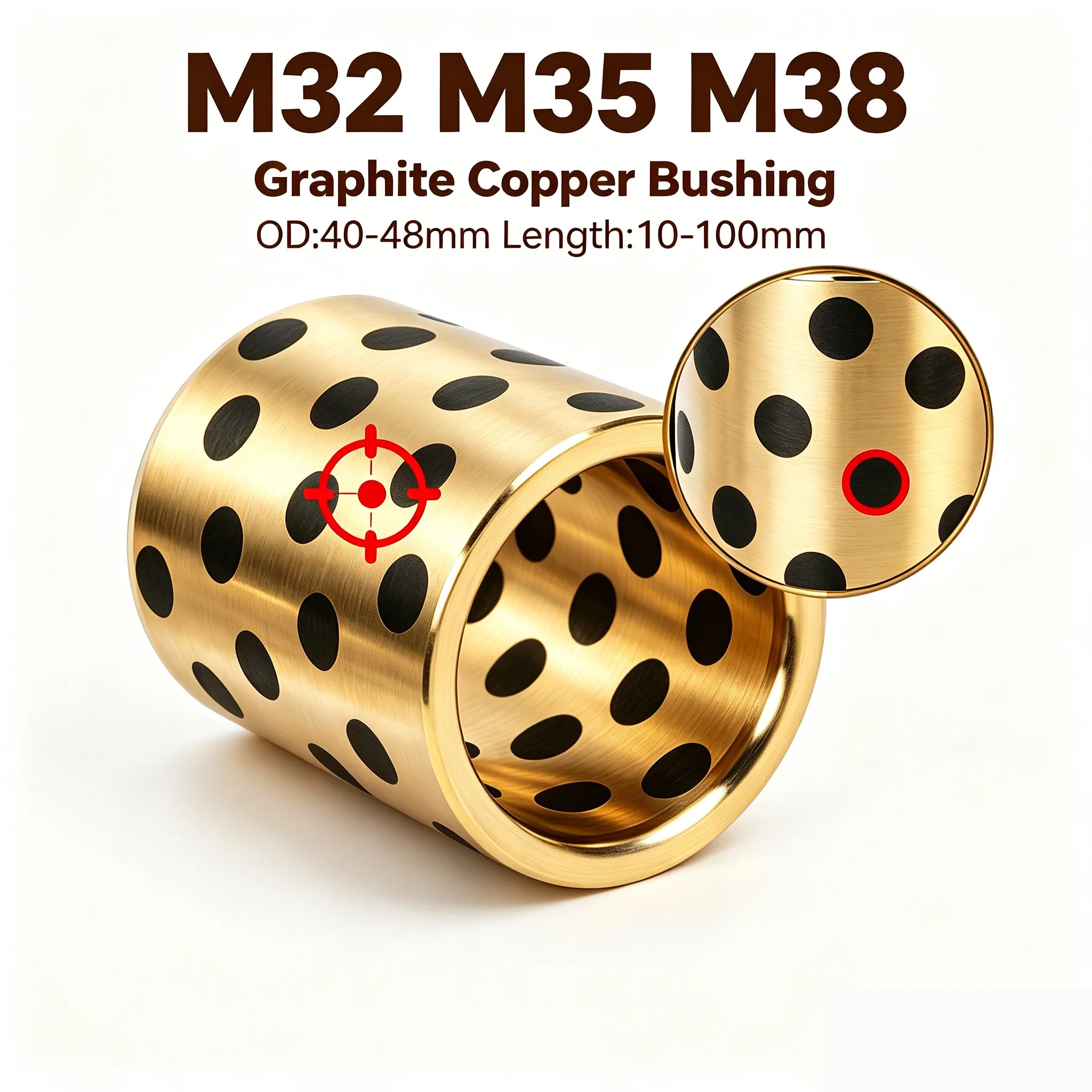 Graphite Inlaid Bronze Bearing M32 M35 M38 Oilless Self-Lubricating Copper Sleeve, OD40-48mm Length 10-100mm