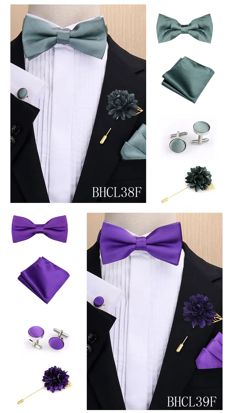 Modisches einfarbiges Fliege-Set für Herren, Fliege, Taschentuch, Manschettenknöpfe mit floraler Brosche, Anzug, Hochzeit, Business, Herren-Accessoires – Detail 10