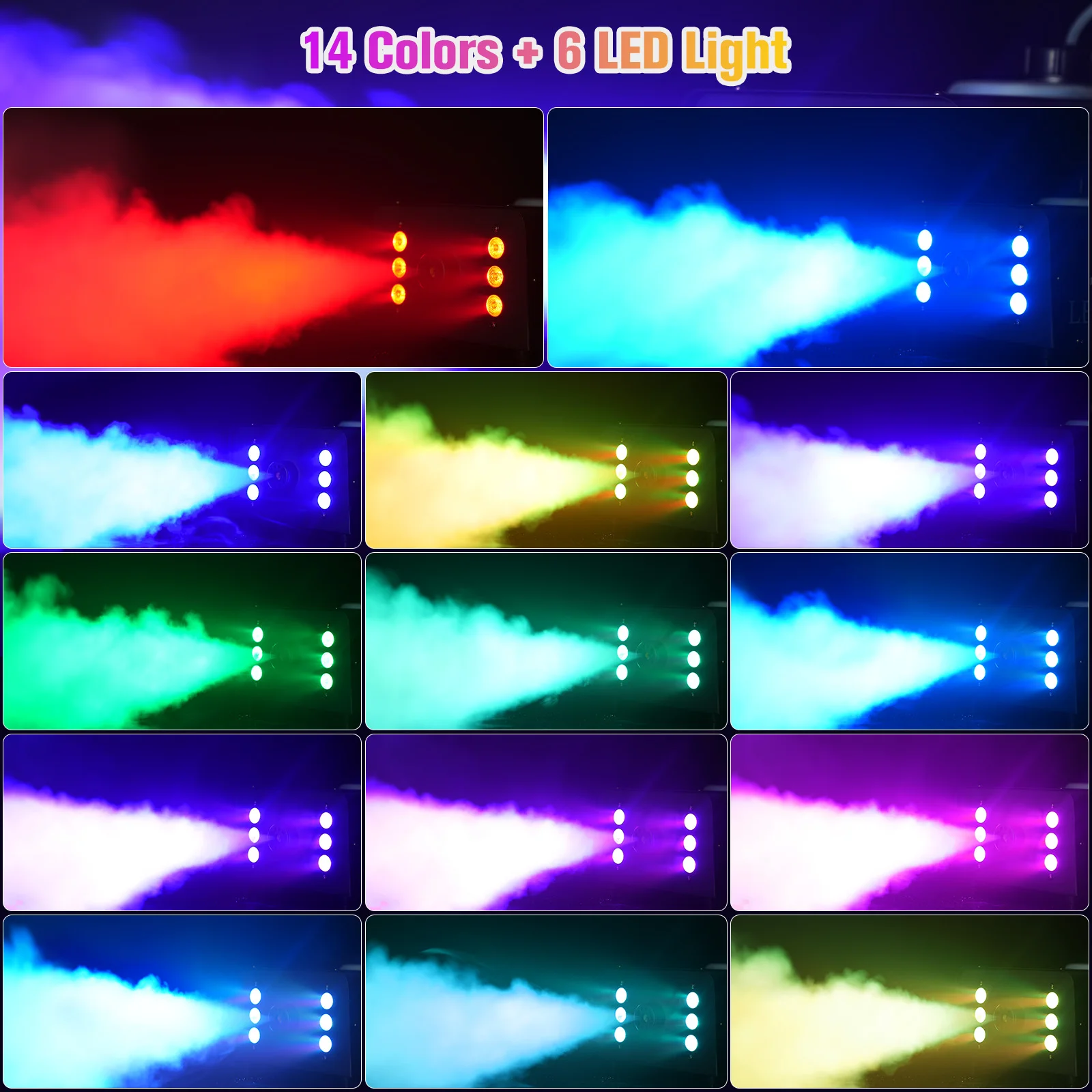DayFlicker 1500W Smoke Machine DJ Stage Nightclub Party Show Concert Bar Fogger Effect RGB 6 LED Multi Color With Remote Control