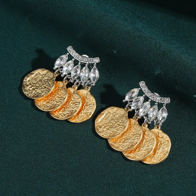 

Vintage Crystal Coin Stud Earring Gold Color Round Luxury Jewelry Designer Charms Fashion Trendy Unique Evening Party 2025 New