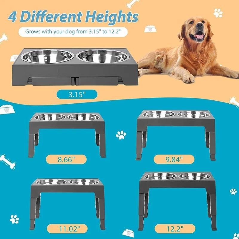 Dog Elevated Bowls Stand Foldable Adjustable Height Pet Feeder Slow Feed Bowls Rack Different Heights Pets Cutlery Table