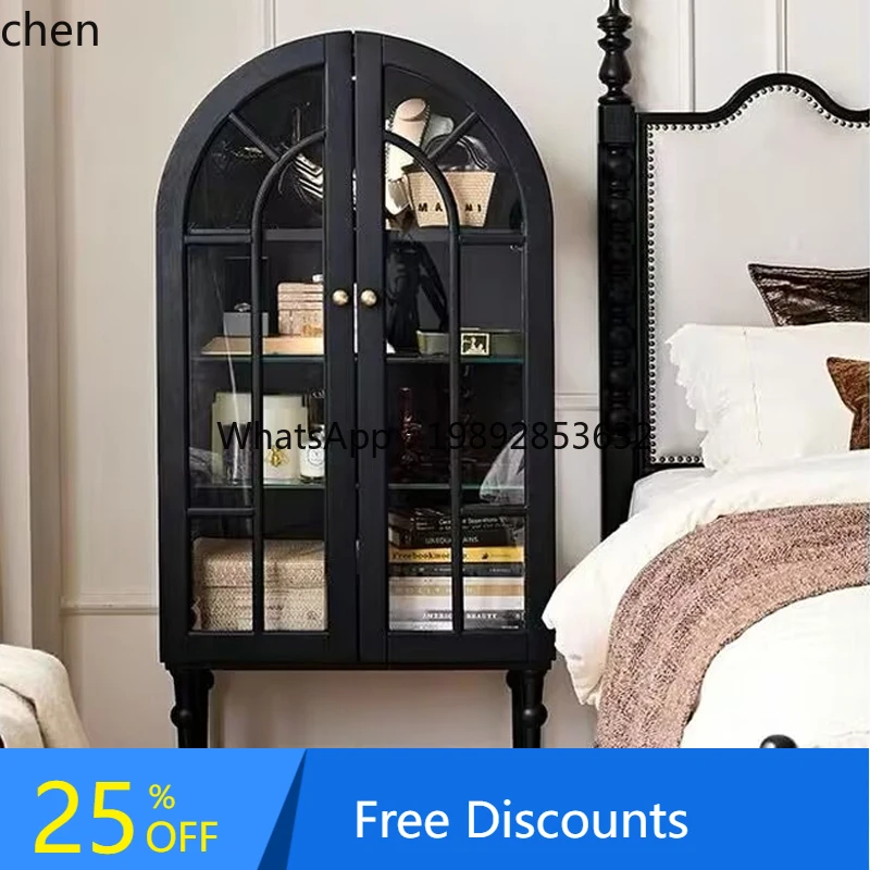 

LYY arched glass wine cabinet living room dining side cabinet integrated against the wall light luxury black glass cabinet