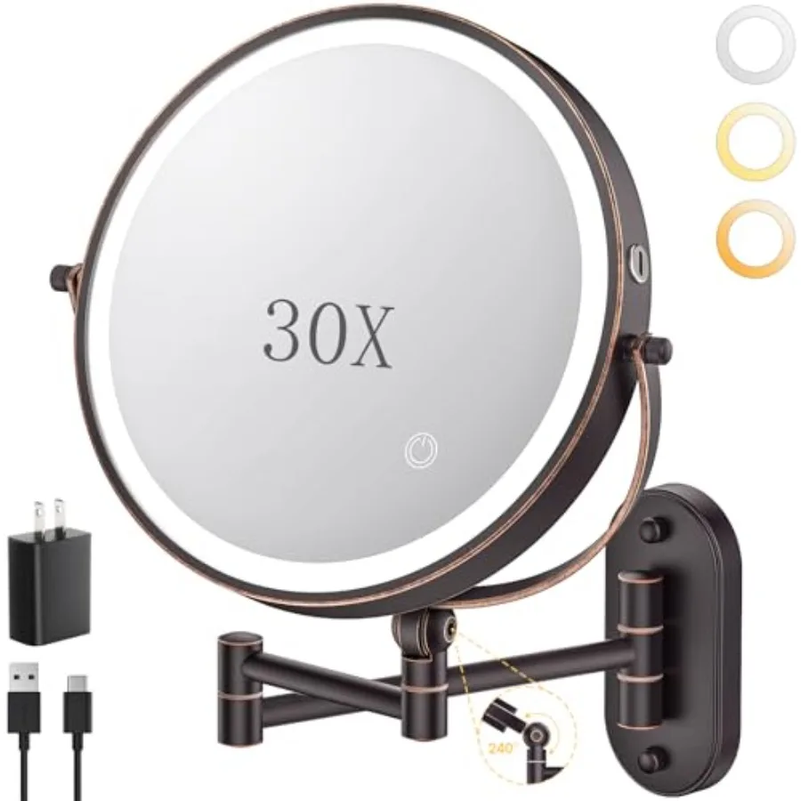 

9-дюймовое настенное зеркало для макияжа с подсветкой, перезаряжаемое, 4000 мАч, двустороннее, с увеличением 1X/30X, с сенсорным диммером и выдвижной подставкой