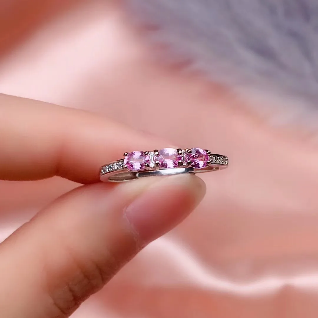 Cute Pink Sapphire Ring for Young Girl Total 0.6ct 3mm*4mm Natural Sapphire Silver Ring 18K Gold Plating 925 Silver Jewelry