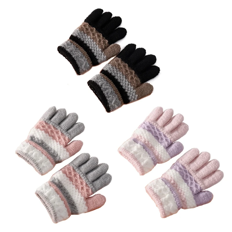 

1 Pair Kids Winter Gloves Knitted Stripe Children Coldproof Warm Full Finger Gloves Boys Girls Mittens