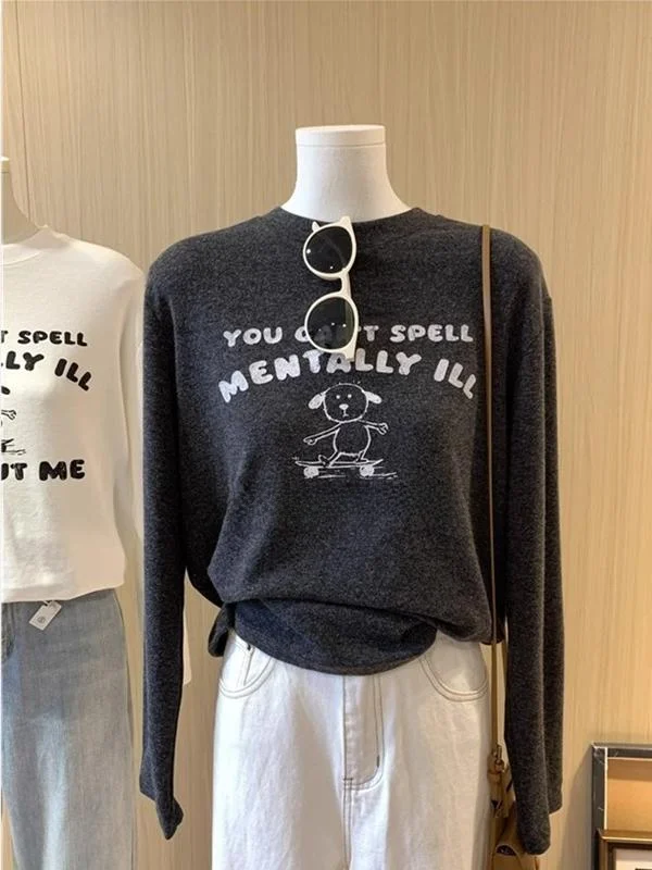 

Retro Korean Long Sleeve T-Shirt Women's Comfortable Soft Printed Loose Fit Autumn Winter Fashion Casual Slimming Top Trendy