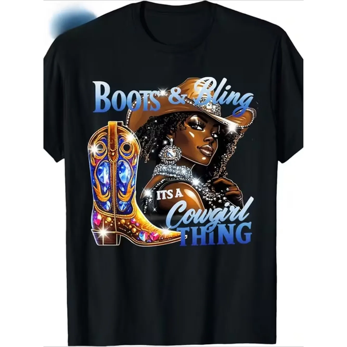 Mens Vintage Cowgirl Graphic T Shirt Black Cotton Retro Tee with Boots Bling Design Short Sleeve Casual Shirt for Durable Regular Fit Round Neck Top for Spring Summer Fall Winter Seasonal Versatile Wear Cowboy Boot Design Nontransparent Material Everyday