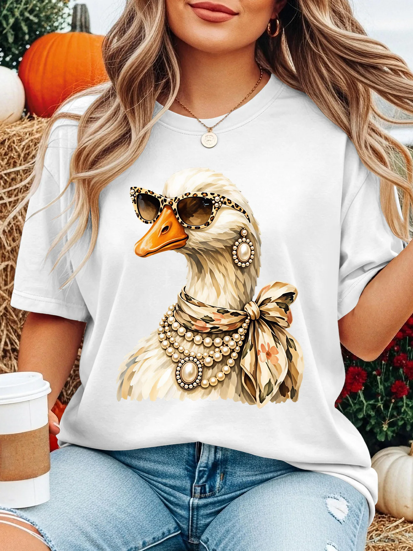 Women Crew Neck Tee Stylish Duck Leopard Sunglasses Graphic Print Short Sleeve Loose Ladies Summer Cotton Plus Size Casual Top