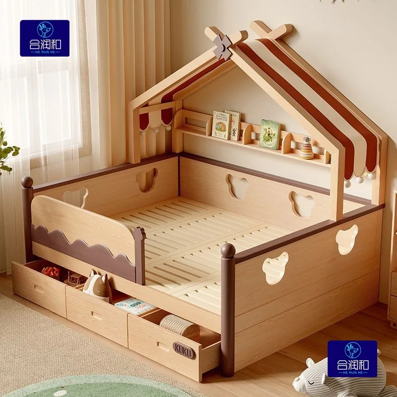 Yjq all solid wood children's fun modeling small bed solid wood bed tent high bed with guardrail