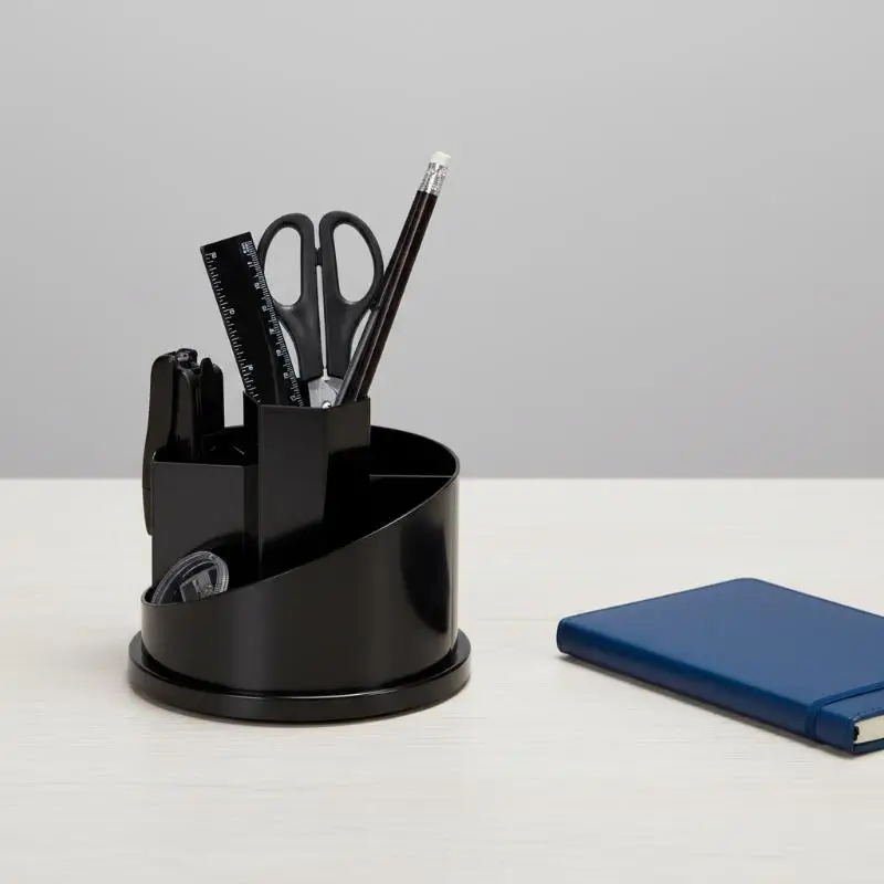 360° Rotating Black Pen Holder - Plastic Pencil Container & Cosmetic Brush Storage Caddy for Home & Office Desk
