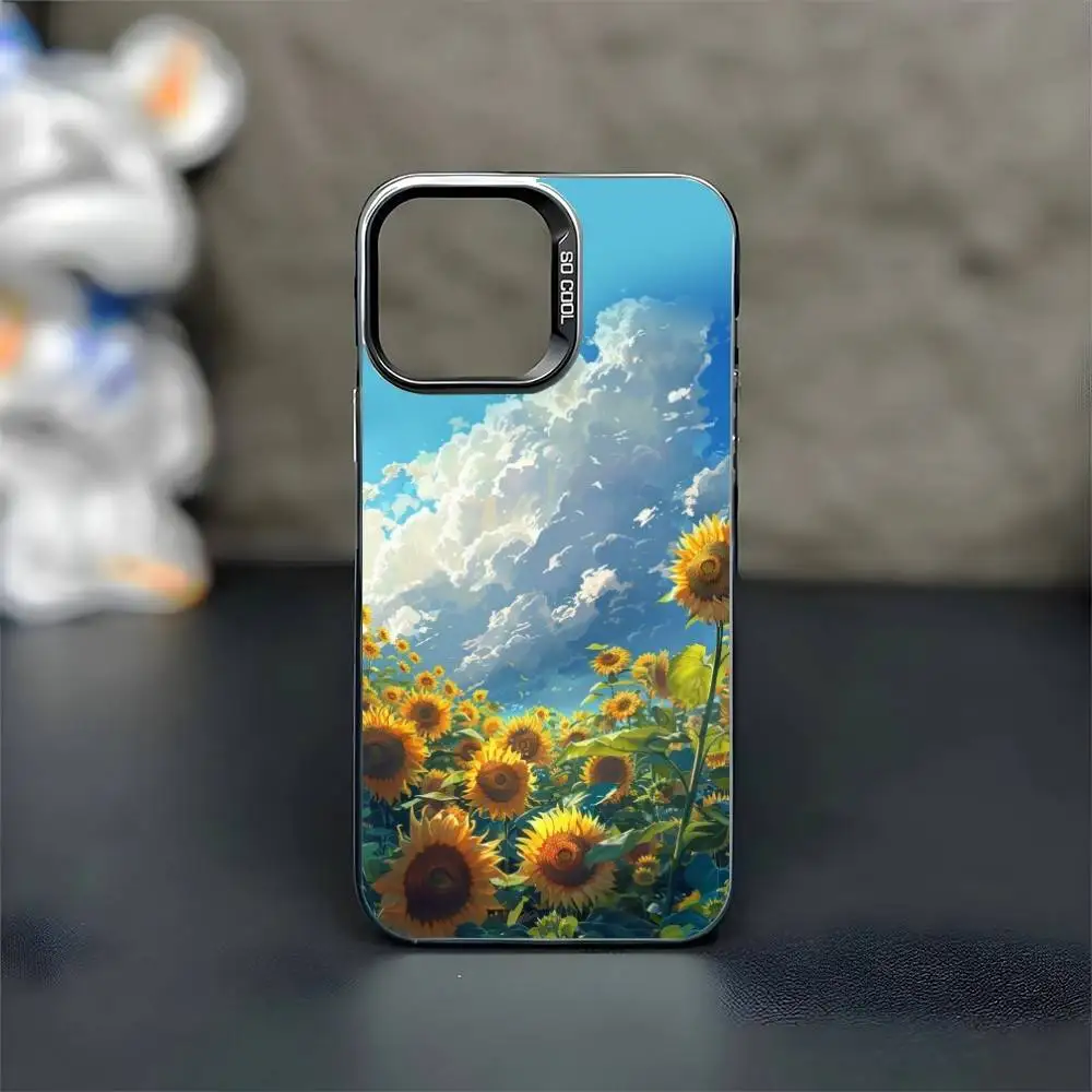 เคสโทรศัพท์ลายดอกทานตะวันสุดโรแมนติก สำหรับ iPhone 16,15,14,13,12,11,Mini,Pro,MAX สีดำด้าน กันกระแทก