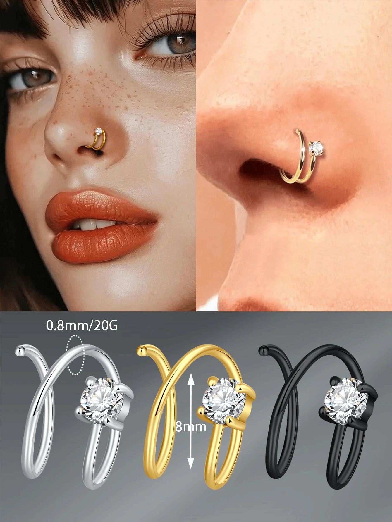 1pc Stainless Steel Cubic Zirconia 20G Nose Ring For Women Double Nose Ring Hoop Nose Piercing Jewelry Simple Stud Earring view 2