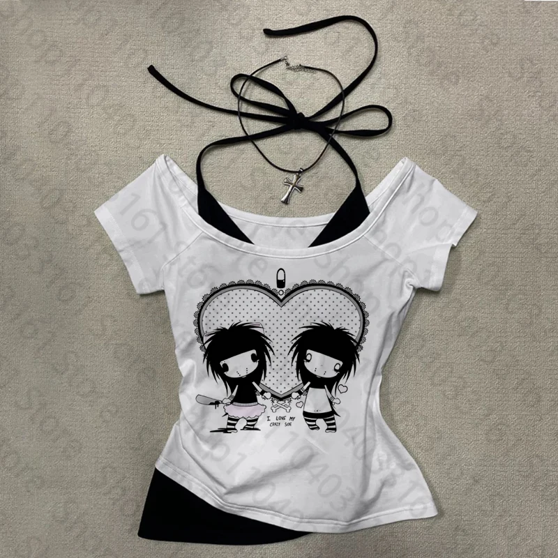 Y2k Anime Cute Streetwear O-neck 90s Text Print Tops Women Harajuku Clothes Simple Vintage Crop Tee Aesthetic Emo Casual T-shirt