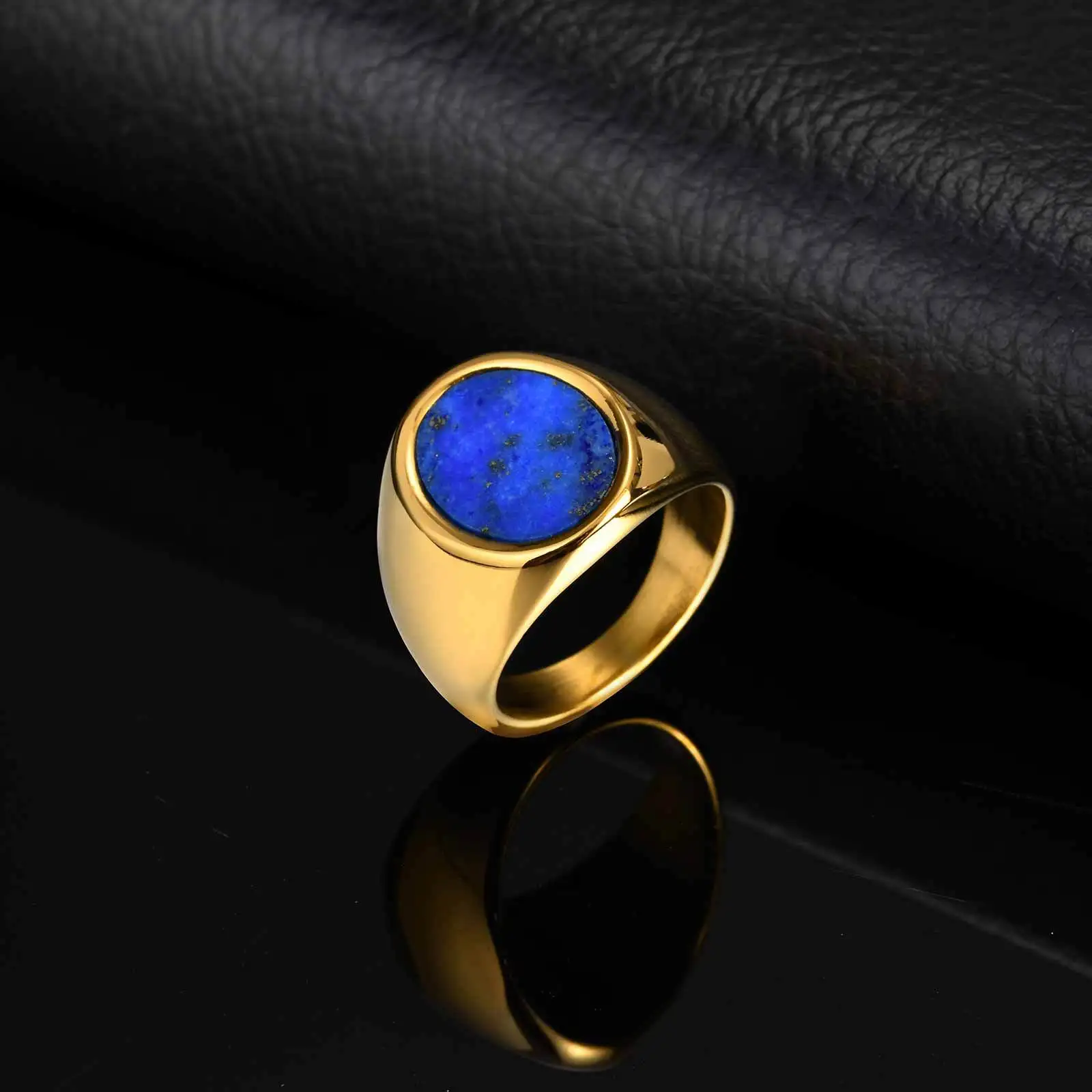 Waterproof Natural Stone Oval Ring for Men Boys,Stainless Steel Lapis Lazuli Stamp Ring Thumb Ring,Punk Birhtday Party Gift - Image 4