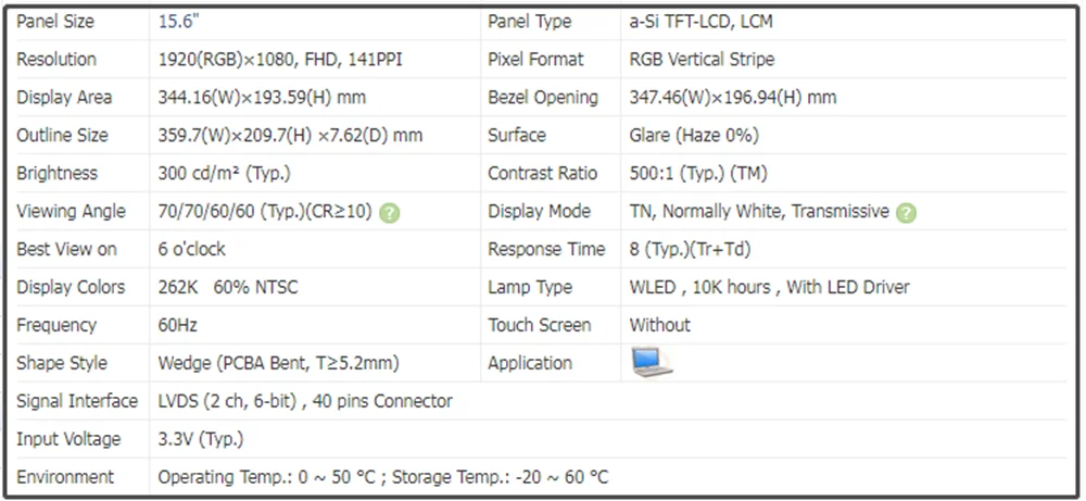 B156HB01 V0 15.6 inch LCD Screen LVDS 40pins 1920(RGB)×1080 FHD 141PPI 60% NTSC 300 cd/m² (Typ.) Non-touch