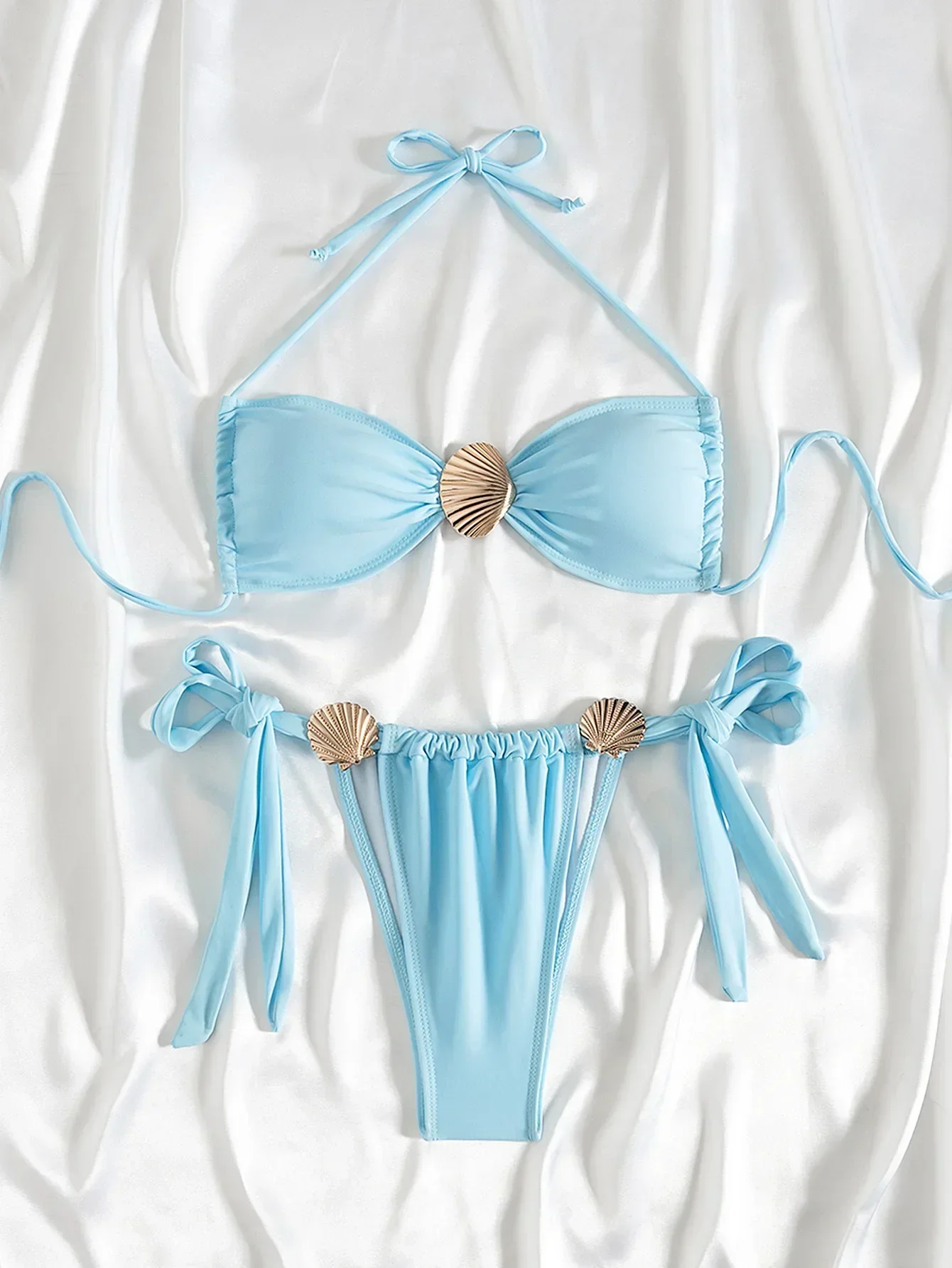 New Metal Shell Bikini 2025Women Sexy Sky Blue Pleate Push Up Micro Swimsuit Beach Bathing Suit Tie Side Thong Swimwear