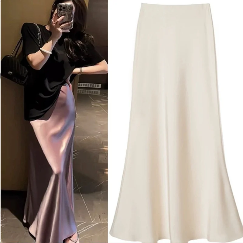 

Новое поступление, элегантная шелковая атласная драпированная юбка-миди, женская летняя юбка больших размеров с запахом, длинная юбка с высокой талией, чистая C...