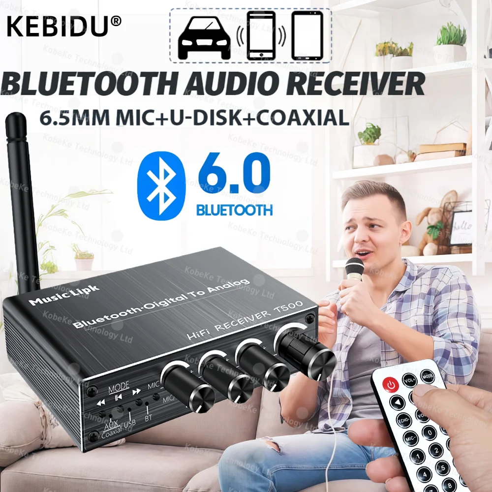 KEBIDU Odbiornik Audio Bluetooth 6.0 Konwerter DAC Koaksjalny Odtwarzacz USB U-Disk Mikrofon 6.5 Karaoke Bezprzewodowy Adapter 3.5MM AUX RCA — zdjęcie produktu 4