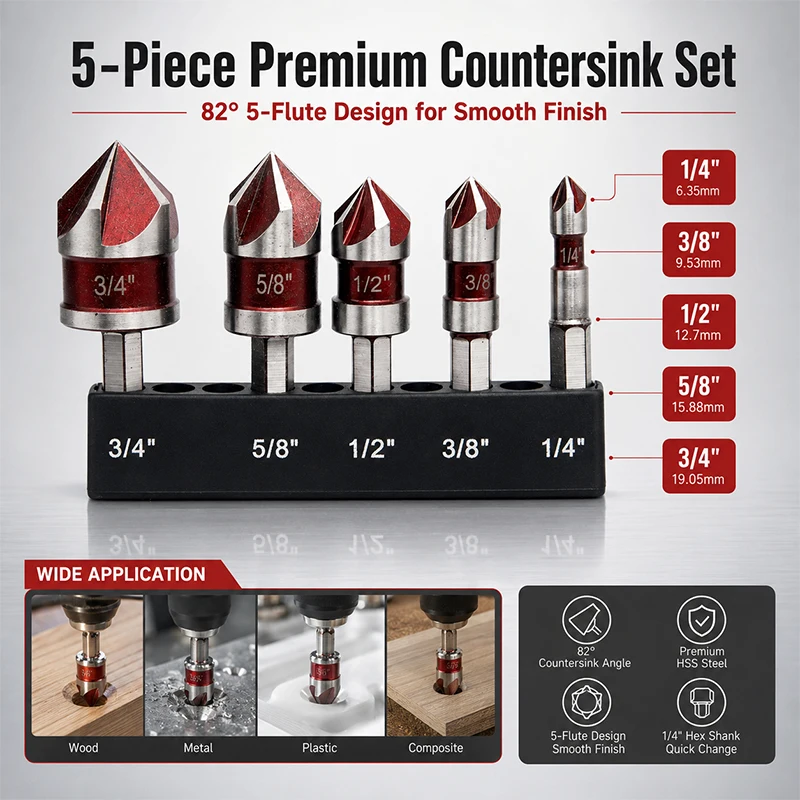 82 Degree 5-Flute Wood Countersink Drill Bit Set Red Chamfer Cutter Self-Centering Woodworking Pilot Hole Tool
