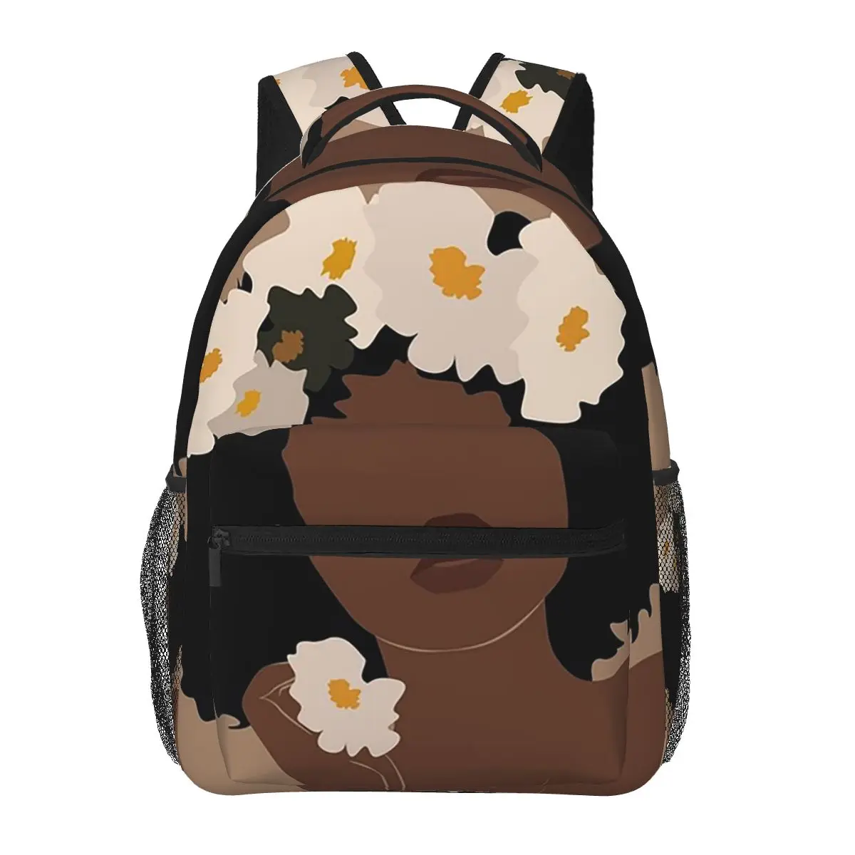 

White Flower Black Woman Student Backpack School Bag Hiking Travel Daypack for Men Women Fashion Bookbag Shoulder Bags