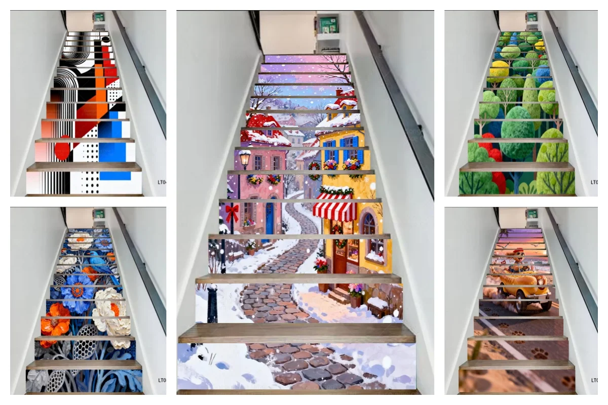 

Winter Snowy Town & Bright Floral PVC Stair Decals - Waterproof, Wear-Resistant & Self-Adhesive Decor Stickers