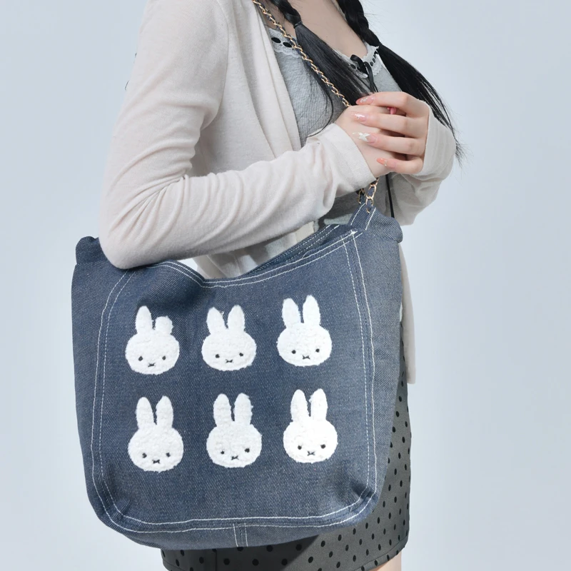 Bolso de cadena Miffy de dibujos animados, bolso de hombro tipo bandolera a la moda, cadena para compras y desplazamientos, nuevo bolso de lona vaquera versátil