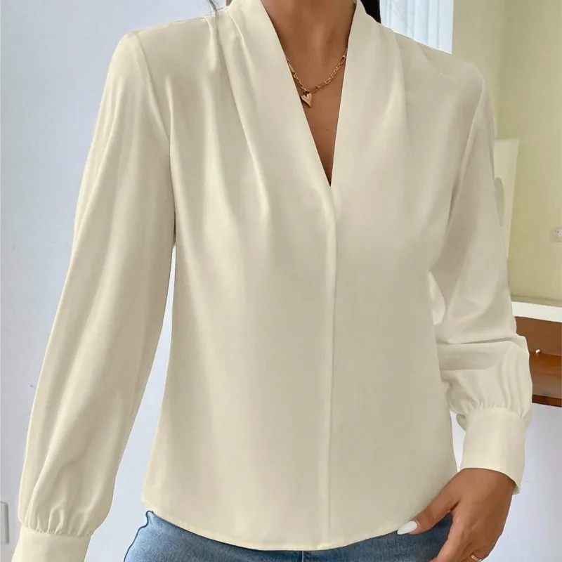 Elegant Women\'s Spring And Autumn Long Sleeved Shirt V-neck Solid Color Loose Blouse Top 2024 Fashionable Office Casual Shirt