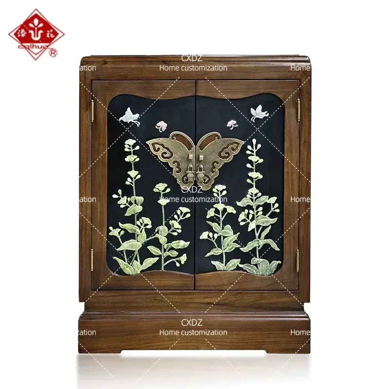 Handmade Lacquer Flower Elm Wood Inlaid Jade Double Door Cabinet Chinese Aesthetic Home Furniture Entrance Shoe Storage Multi