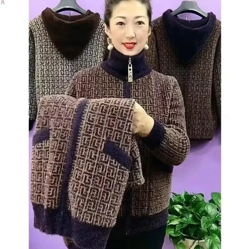 Thick Mink-Like Sweater Coat Short Women Mother's Hooded Woolen Jacket Autumn Winter 2024New Knitted Cardigan Ladies Outcoat Top