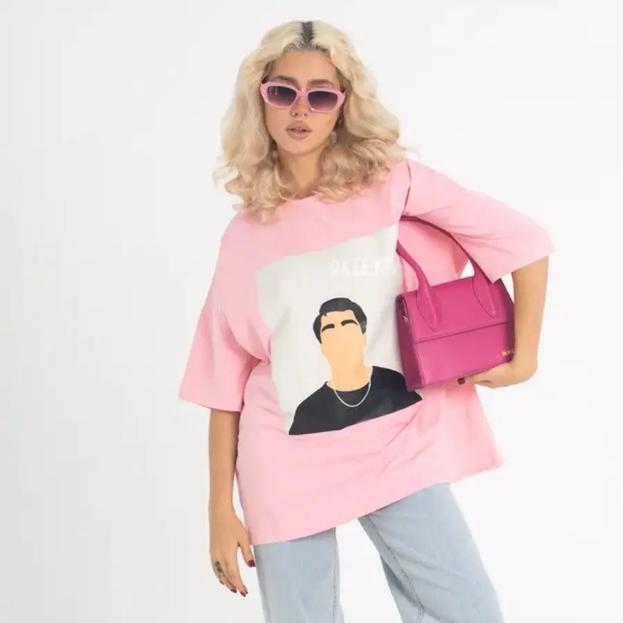 Faceless Man Print Oversized T-Shirt | Pink Cotton Y2K Casual Tee Funny Cartoon Graphic Tee Sweet Women Streetwear Summer Tops