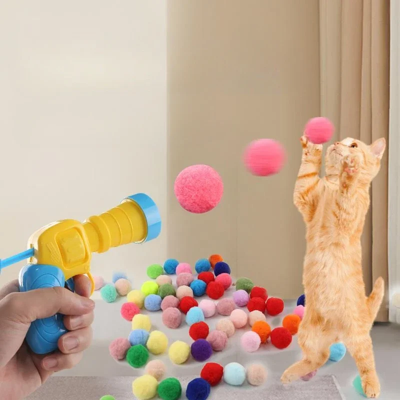 Cat Toy Plush Balls Launched Shooting Gun Cats Playing Stick Relaxation Interactive Fun Dog Toys Durable Silent Bullet