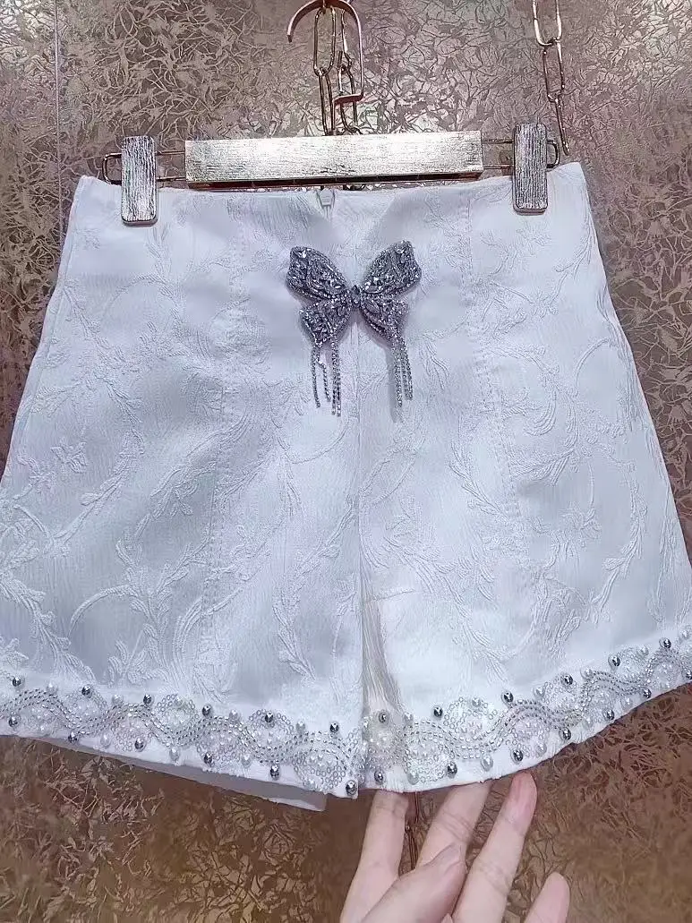 Luxury Style Pearls Beaded Tassel Stitch Pantalones Cortos Wide Leg Shorts Women's Short Pants Short Trousers Woman Clothing