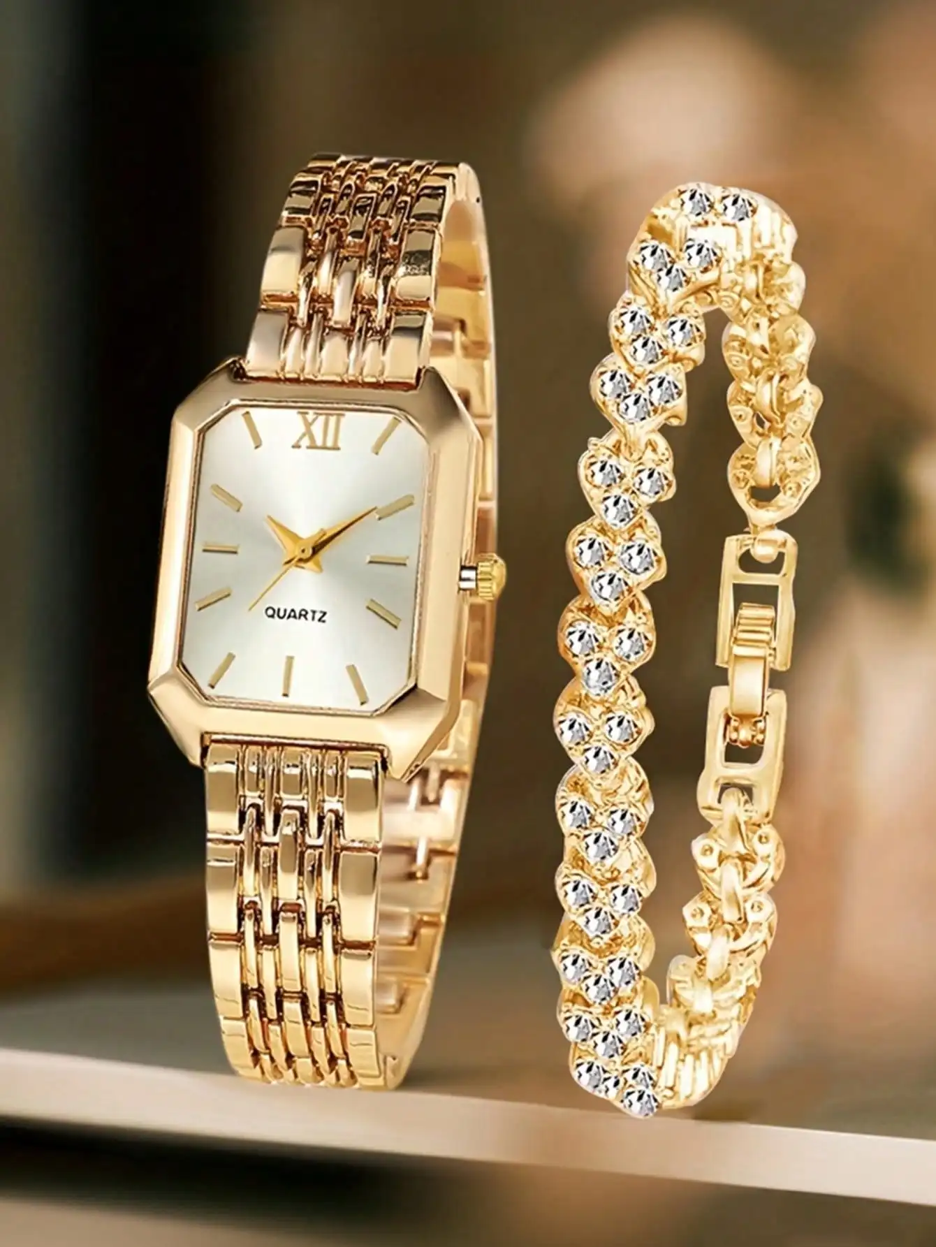 2pcs Ladies' Fashionable And Elegant Roman Scale Quartz Watch And Bracelet Set, Suitable For Ladies To Wear, Perfect As A Birthday/Holiday Gift, Perfect For Daily Life Such As Returning To School, Parties, And Travel.   sj25082646414864515