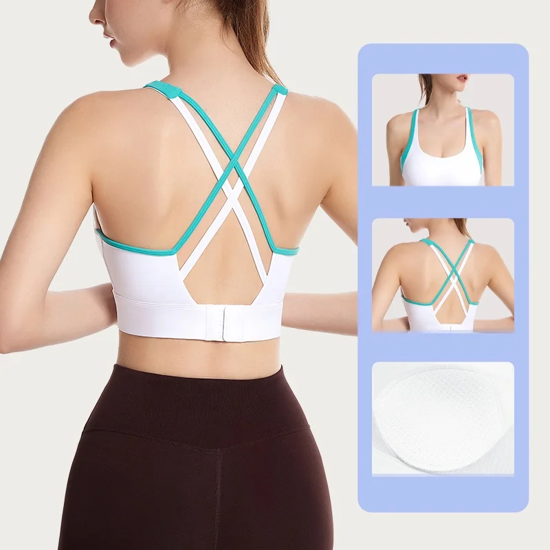 Female fixed chest pads backless wireless buckle support gathering shock proof yoga fitness running bra vest underwear with logo