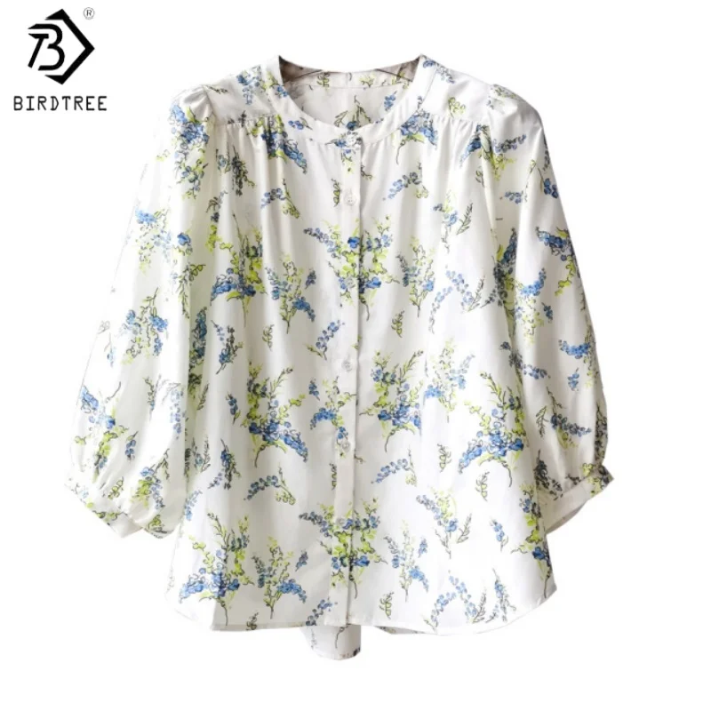 

Birdtree,16MM 27.7% Silk 72.3% Cotton Blouse,Women's Print Loose Tops,Single Breasted,Lantern Sleeve Pullover,2026 New T61323JF