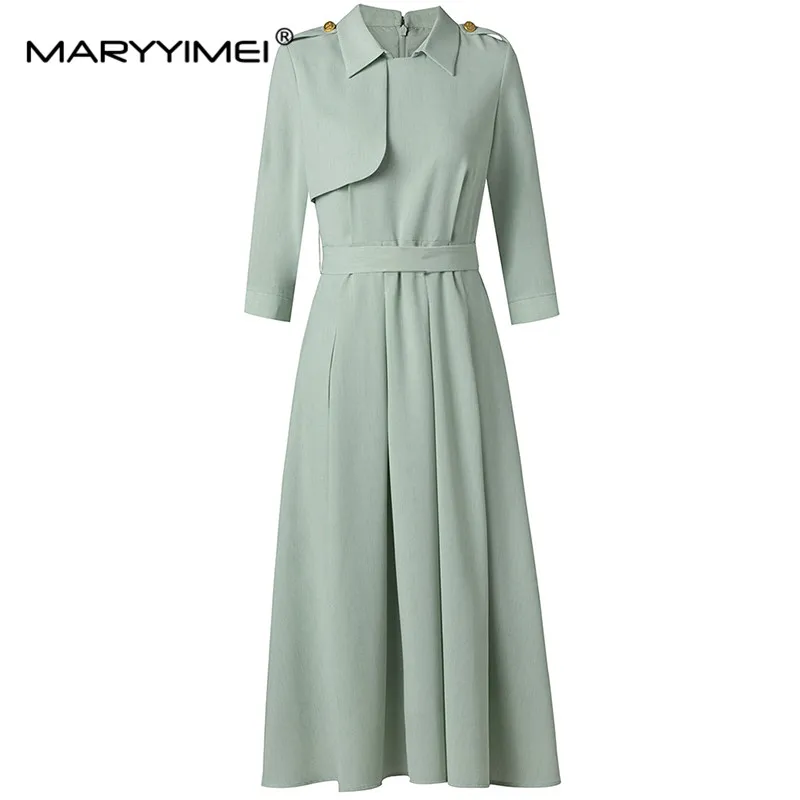 

MARYYIMEI New Fashion Runway Designer Women's Lapel Seven-Point Sleeve Lace-Up Closed Waist Slim-Fit Trench Coat Shirt Dress