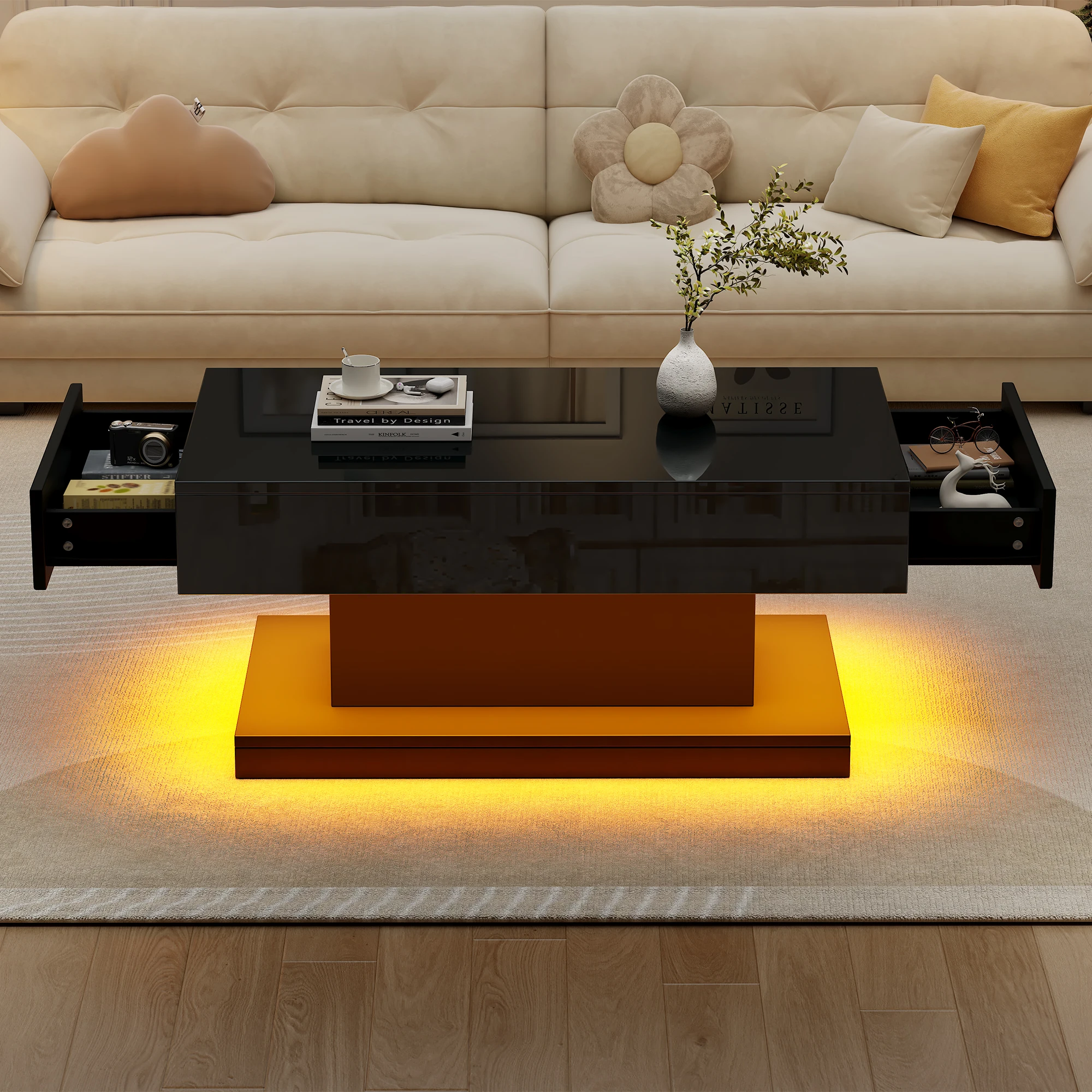 KOMHTOM Table basse noire avec 2 tiroirs et barre lumineuse LED table basse haute brillance