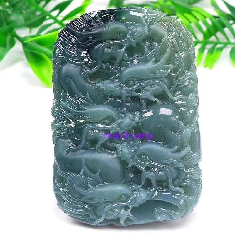 

Maichuang/ Natural Hand-carved Jade Kowloon Square Brand Emerald Necklace Pendant Men and Women Personality Fine Jewelry Amulet