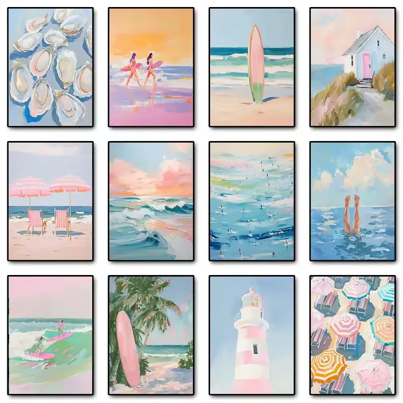 Pink Watercolor Ocean Waves Seascape Poster Oyster Shell Beach Umbrella Surfing Canvas Printing Wall Art Picture Home Decor