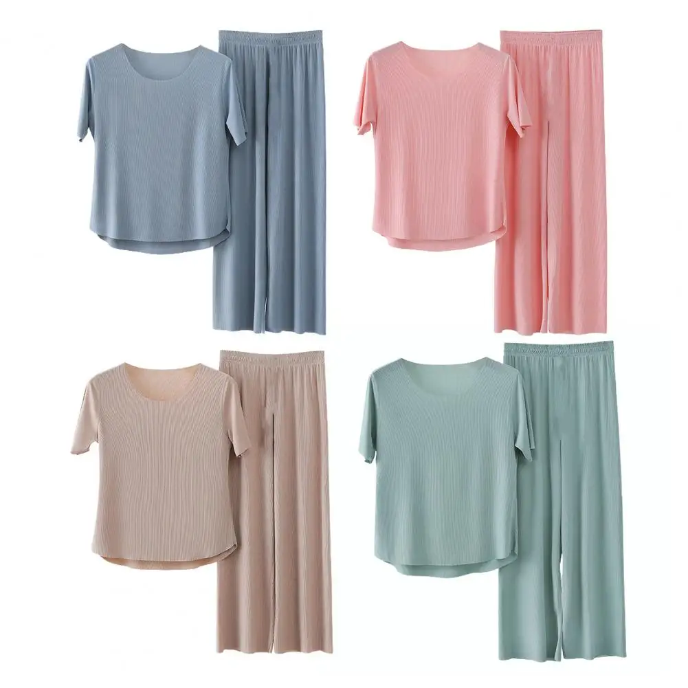 2026 Women's Ice Silk Pajamas Set Short Sleeved Top Wide Leg Pants Sleepwear Set Summer Ultra Thin Two Piece Lounge Nightwear