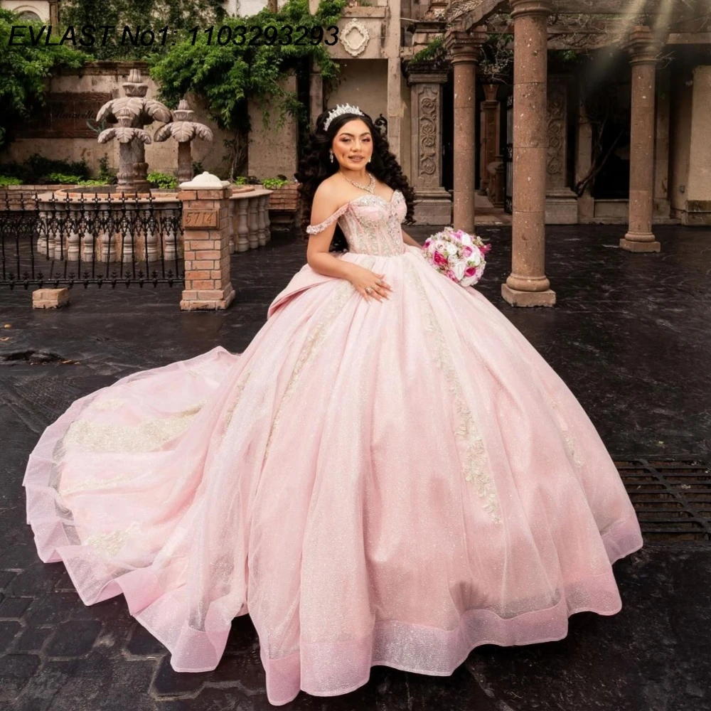 

EVLAST блестящее розовое платье Quinceanera по индивидуальному заказу, бальное платье с блестящей кружевной аппликацией и бантом из бисера, милое платье 16, Vestidos De 15 Anos E1QN468