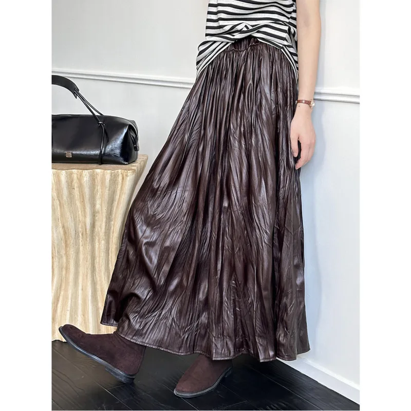 

Autumn Vitnage Red Pleated Skirt Women Elastic Waist Solid Color A-line Midi Skirts