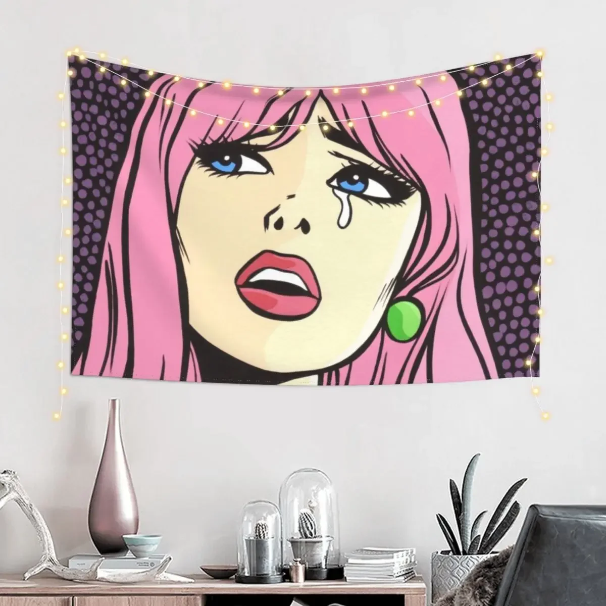 Pink Pop Art Crying Comic Girl Tapestry Decoration For Rooms Room Decore Aesthetic Tapestry