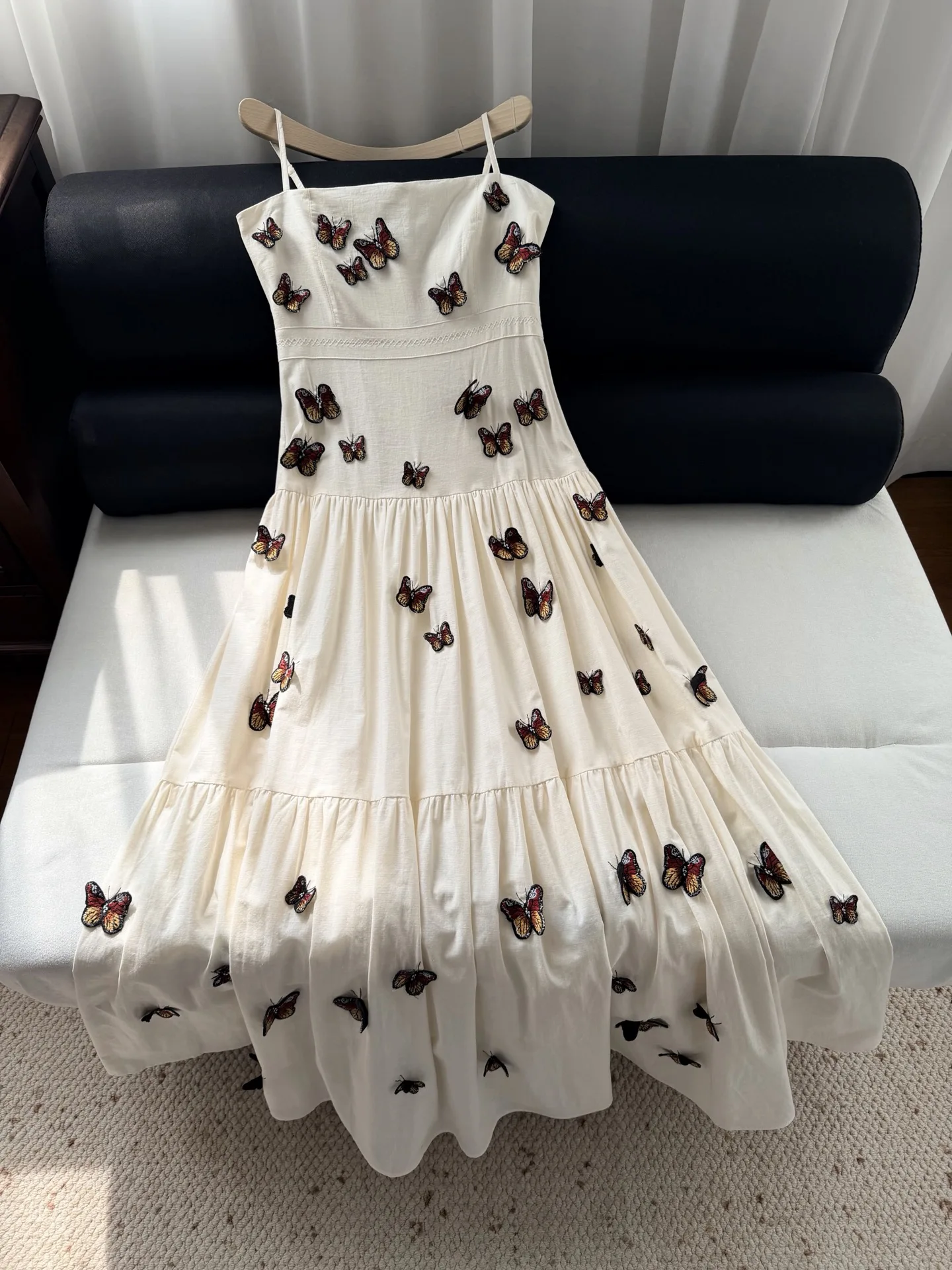 3D Butterfly Decoration Women Sling Robe High Waist Sleeveless Solid Color Holiday Linen Maxi Dress