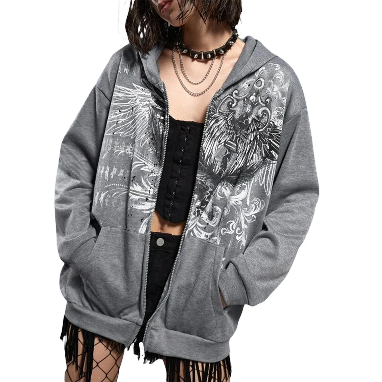 Women's Spring Autumn Casual Sweatshirt Hoodies Jacket Long Sleeve Wing Print Zip Up Hooded Outerwear