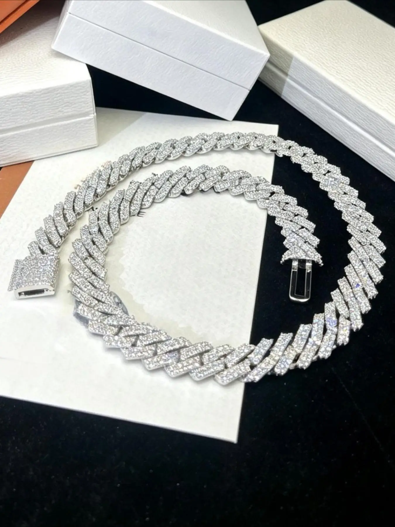 Hip-hop Jewelry 14mm 2-row VVS Cuban Chain Necklace, Men's Ice Crystal Inlaid Cuban Chain Necklace, Street Trend Single Item,