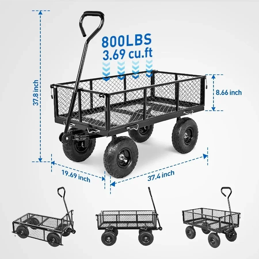 Steel Garden Carts - 800lbs Dump Wagon with All Terrain Inflatable Wheels for Yard Lawn Farms Gardening - Heavy Duty Utility Ou
