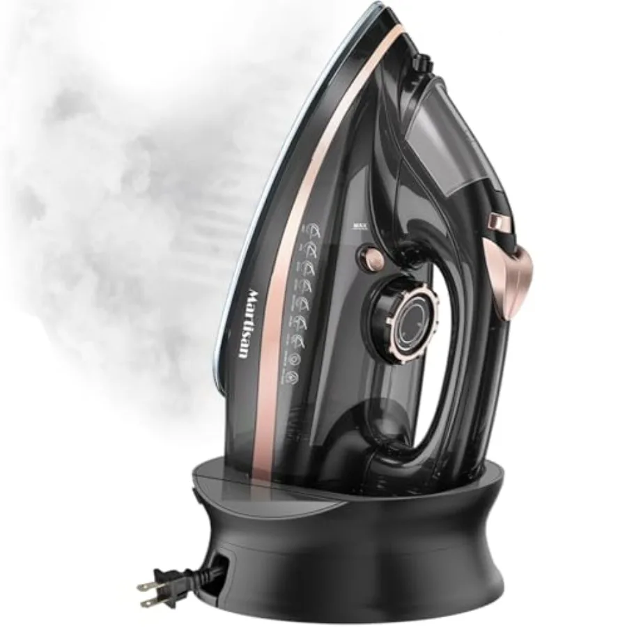 

Cordless Iron for Clothes, 1600W, Wireless, Rapid Heating, Retractable Cord, Power Charging Base, Ceramic Soleplate, Auto-off,