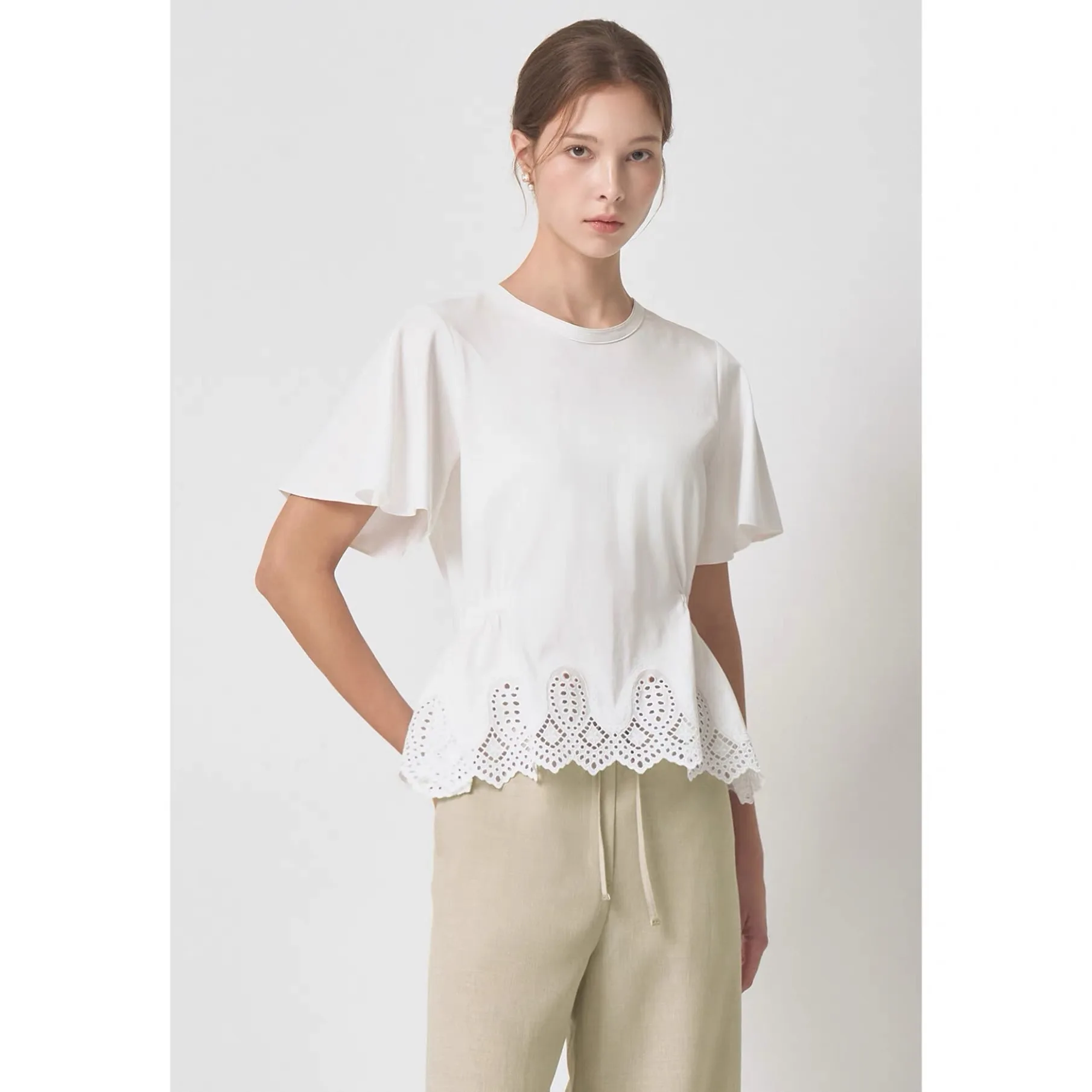 

Slimming Lemon Cheese Short Sleeve T-Shirt Women's Casual Style Cotton 100% Spring 2026 Hollow out Lace Splice Elastic Waist